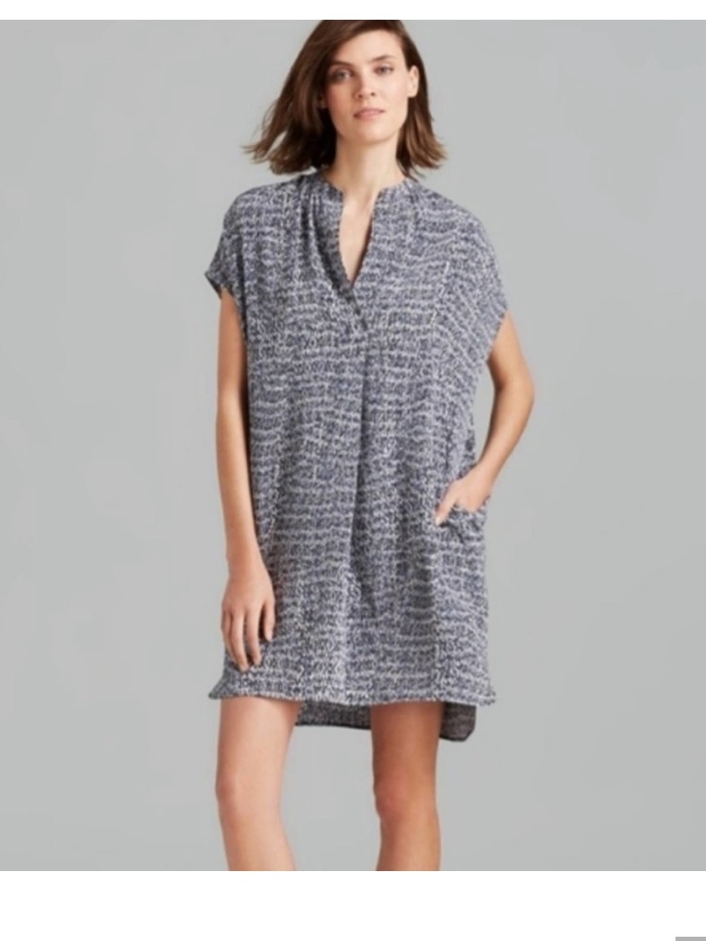 Vince Static Print Split Neck Silk Shift Dress